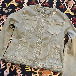 Pearl Embellished Frayed Denim Jacket Army Olive Green Cotton - Medium/Large